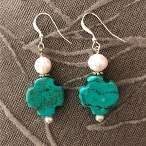 Women's turquoise colored stone cross earrings